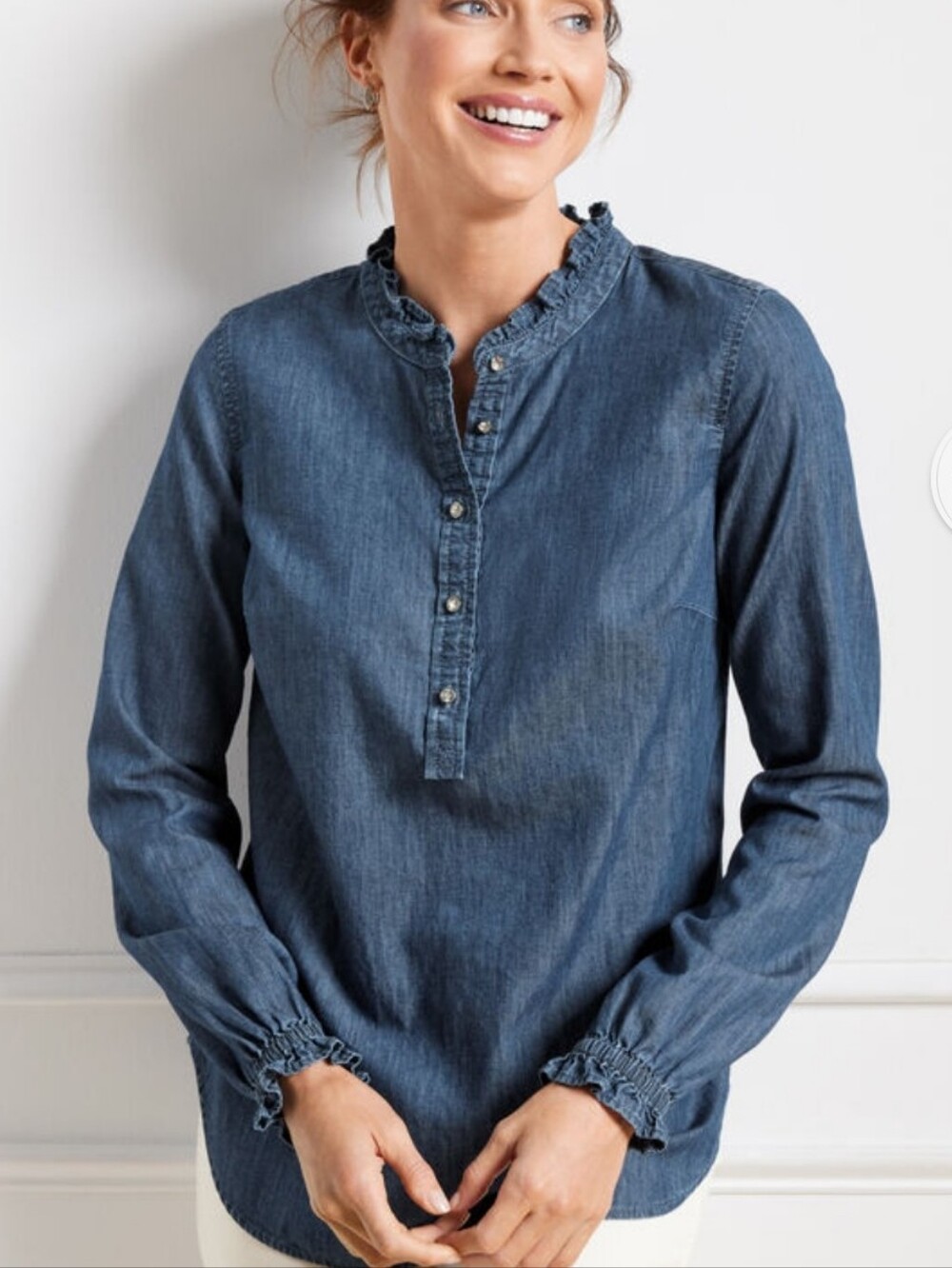 Talbots Ruffle Neck Denim Popover Shirt
